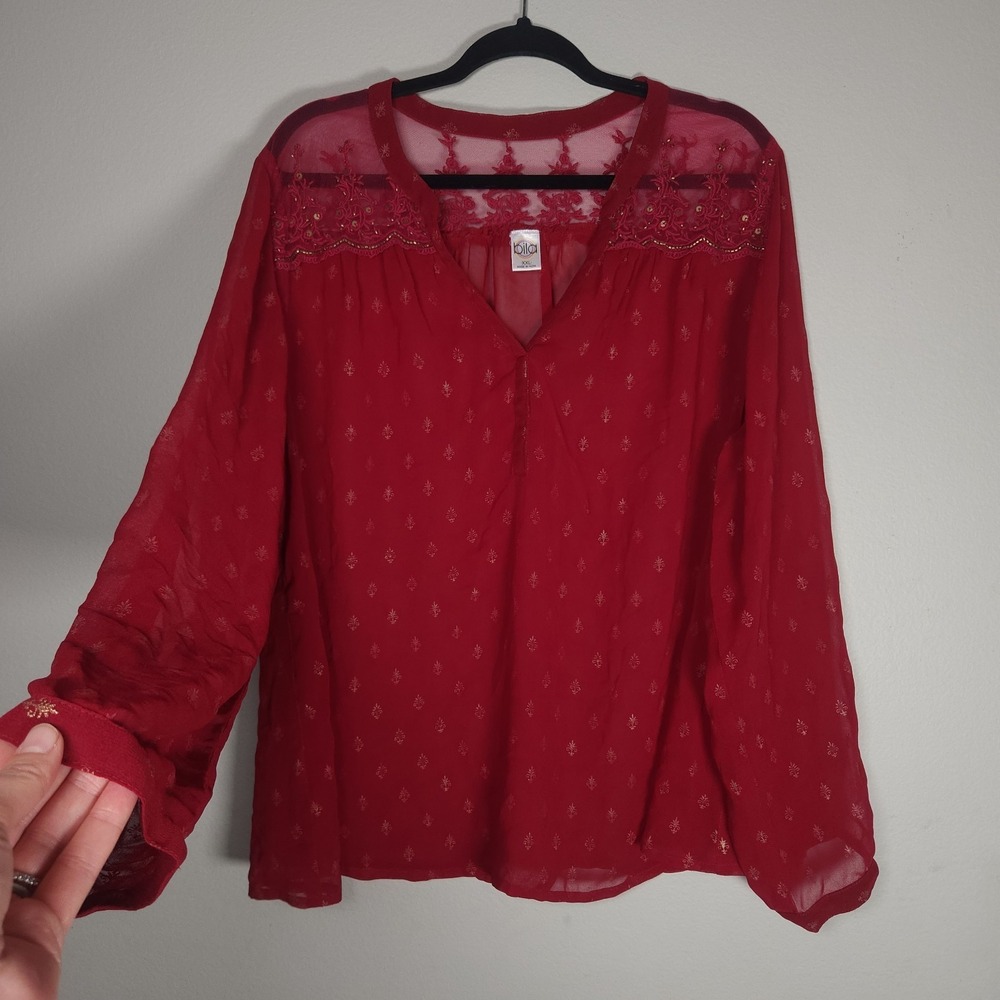 Bila Womens XXL Burgundy Red Beaded Sheer Flowy Blouse Boho Top Lace Detail
